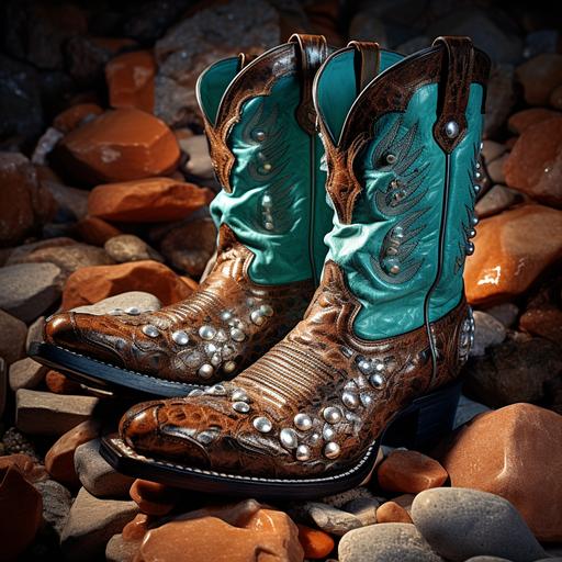 Mission near Tucson, new shiny cowboy boots with turquoise ostrich leather inserts sit on a stone slab with traces of copper oxides, and a diamond-backed rattlesnake coils around them, moving its rattle, High Definition, Photorealism, Clear Photo, Maximum Detail, Sharp Focus, Intricate Details, Ultra Realistic, Cinematic Lighting, Volumetric Lighting, Photography, Beautiful Details, Cinematic Lighting, Rendering, 8k, Portrait Photography Medium Format Film 800, SMC Takumar 105mm, 3200 DPI Scan, Octane, Unreal Engine, 8k, Photorealistic, Digital, Detailed, very fine details, highest quality photographs, photorealistic