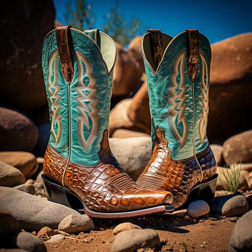 Mission near Tucson, new shiny cowboy boots with turquoise ostrich leather inserts sit on a stone slab with traces of copper oxides, and a diamond-backed rattlesnake coils around them, moving its rattle, High Definition, Photorealism, Clear Photo, Maximum Detail, Sharp Focus, Intricate Details, Ultra Realistic, Cinematic Lighting, Volumetric Lighting, Photography, Beautiful Details, Cinematic Lighting, Rendering, 8k, Portrait Photography Medium Format Film 800, SMC Takumar 105mm, 3200 DPI Scan, Octane, Unreal Engine, 8k, Photorealistic, Digital, Detailed, very fine details, highest quality photographs, photorealistic