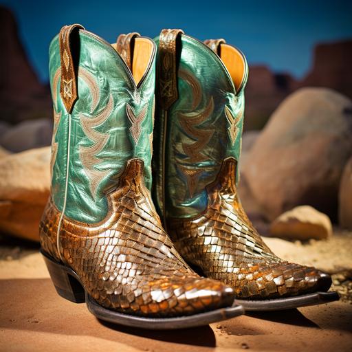Mission near Tucson, new shiny cowboy boots with turquoise ostrich leather inserts sit on a stone slab with traces of copper oxides, and a diamond-backed rattlesnake coils around them, moving its rattle, High Definition, Photorealism, Clear Photo, Maximum Detail, Sharp Focus, Intricate Details, Ultra Realistic, Cinematic Lighting, Volumetric Lighting, Photography, Beautiful Details, Cinematic Lighting, Rendering, 8k, Portrait Photography Medium Format Film 800, SMC Takumar 105mm, 3200 DPI Scan, Octane, Unreal Engine, 8k, Photorealistic, Digital, Detailed, very fine details, highest quality photographs, photorealistic