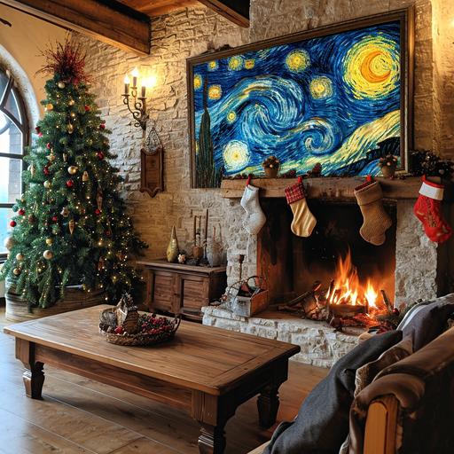 Needle felted painting of Van Gogh's starry night hanging on the wall in a rustic living room, fireplace, stockings for gifts, edge of a Christmas tree with decorations --s 250 --v 6.0