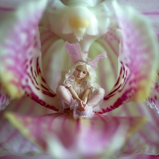 Portrait of a fairy sitting inside an open dendrobium orchid flower --s 250 --v 6.0 --style raw