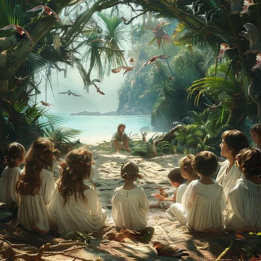 Realistic photography, fantasy world, unusual birds and animals, red-haired druids in white robes, a man and a woman, in a tropical swamp forest teaching a dozen children of different ages to recognize different types of dendrobium orchids, the beach and the ocean are visible behind the trees --s 250 --v 6.0 --style raw