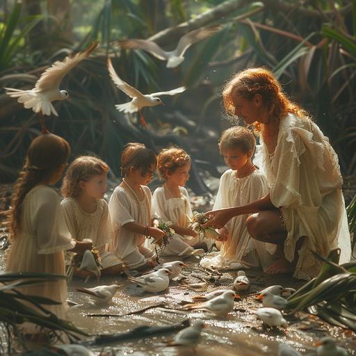 Realistic photography, fantasy world, unusual birds and animals, red-haired druids in white robes, a man and a woman, in a tropical swamp forest teaching a dozen children of different ages to recognize different types of dendrobium orchids, the beach and the ocean are visible behind the trees --s 250 --v 6.0 --style raw