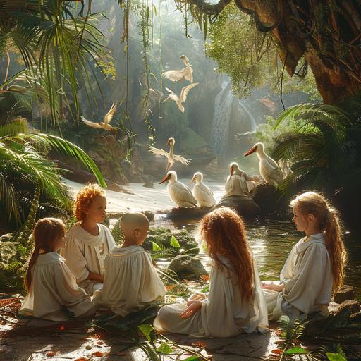 Realistic photography, fantasy world, unusual birds and animals, red-haired druids in white robes, a man and a woman, in a tropical swamp forest teaching a dozen children of different ages to recognize different types of dendrobium orchids, the beach and the ocean are visible behind the trees --s 250 --v 6.0 --style raw