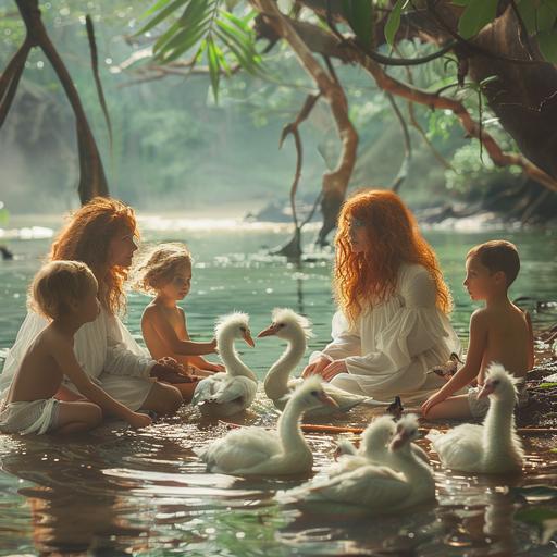 Realistic photography, fantasy world, unusual birds and animals, red-haired druids in white robes, a man and a woman, in a tropical swamp forest teaching a dozen children of different ages to recognize different types of dendrobium orchids, the beach and the ocean are visible behind the trees --s 250 --v 6.0 --style raw