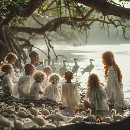 Realistic photography, fantasy world, unusual birds and animals, red-haired druids in white robes, a man and a woman, in a tropical swamp forest teaching a dozen children of different ages to recognize different types of dendrobium orchids, the beach and the ocean are visible behind the trees --s 250 --v 6.0 --style raw