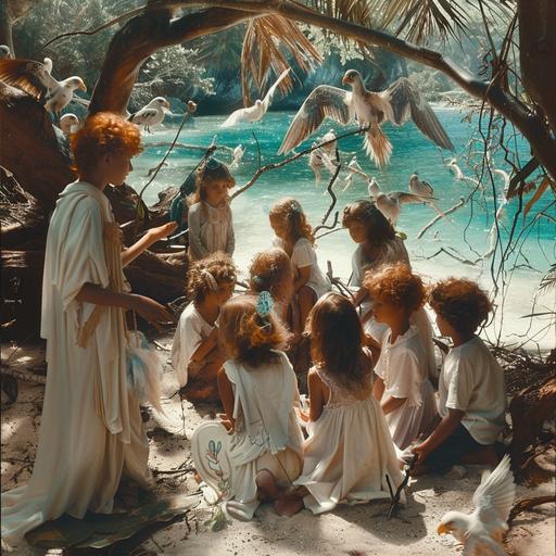 Realistic photography, fantasy world, unusual birds and animals, red-haired druids in white robes, a man and a woman, in a tropical swamp forest teaching a dozen children of different ages to recognize different types of dendrobium orchids, the beach and the ocean are visible behind the trees --s 250 --v 6.0 --style raw