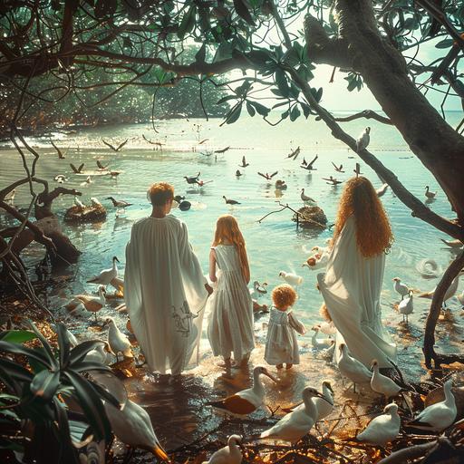 Realistic photography, fantasy world, unusual birds and animals, red-haired druids in white robes, a man and a woman, in a tropical swamp forest teaching a dozen children of different ages to recognize different types of dendrobium orchids, the beach and the ocean are visible behind the trees --s 250 --v 6.0 --style raw