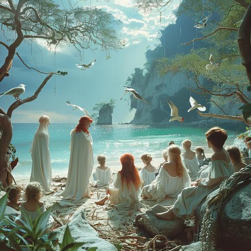 Realistic photography, fantasy world, unusual birds and animals, red-haired druids in white robes, a man and a woman, in a tropical swamp forest teaching a dozen children of different ages to recognize different types of dendrobium orchids, the beach and the ocean are visible behind the trees --s 250 --v 6.0 --style raw