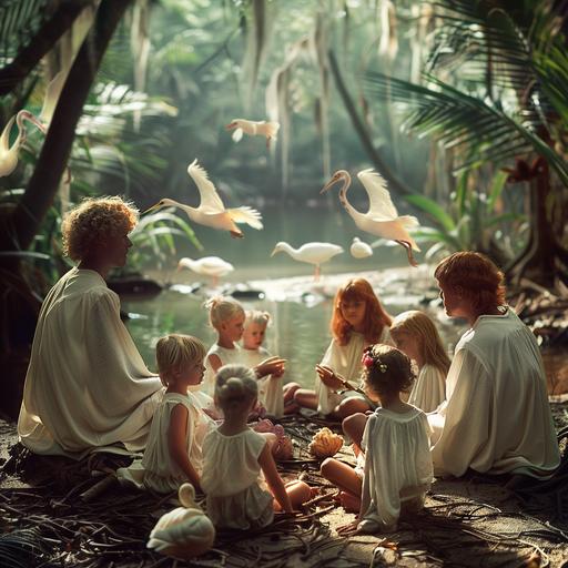 Realistic photography, fantasy world, unusual birds and animals, red-haired druids in white robes, a man and a woman, in a tropical swamp forest teaching a dozen children of different ages to recognize different types of dendrobium orchids, the beach and the ocean are visible behind the trees --s 250 --v 6.0 --style raw