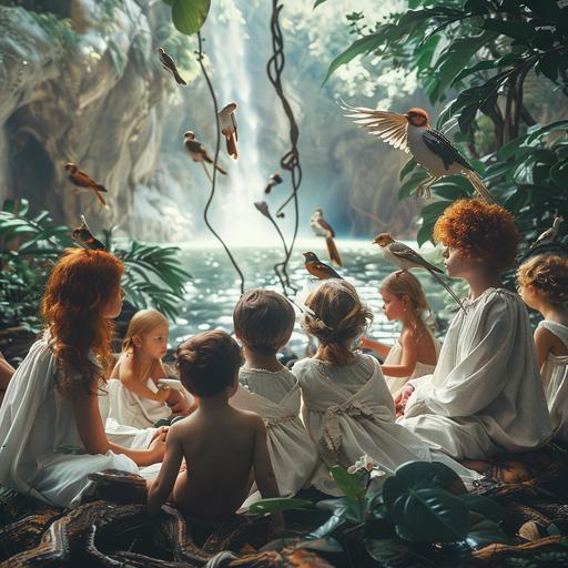 Realistic photography, fantasy world, unusual birds and animals, red-haired druids in white robes, a man and a woman, in a tropical swamp forest teaching a dozen children of different ages to recognize different types of dendrobium orchids, the beach and the ocean are visible behind the trees --s 250 --v 6.0 --style raw