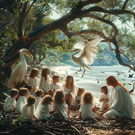 Realistic photography, fantasy world, unusual birds and animals, red-haired druids in white robes, a man and a woman, in a tropical swamp forest teaching a dozen children of different ages to recognize different types of dendrobium orchids, the beach and the ocean are visible behind the trees --s 250 --v 6.0 --style raw