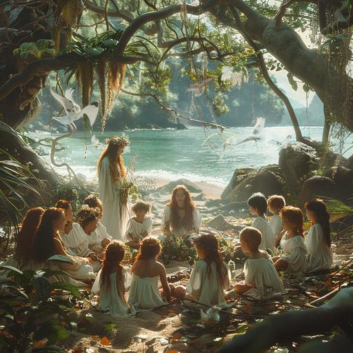 Realistic photography, fantasy world, unusual birds and animals, red-haired druids in white robes, a man and a woman, in a tropical swamp forest teaching a dozen children of different ages to recognize different types of dendrobium orchids, the beach and the ocean are visible behind the trees --s 250 --v 6.0 --style raw