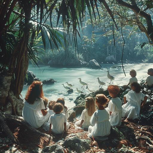 Realistic photography, fantasy world, unusual birds and animals, red-haired druids in white robes, a man and a woman, in a tropical swamp forest teaching a dozen children of different ages to recognize different types of dendrobium orchids, the beach and the ocean are visible behind the trees --s 250 --v 6.0 --style raw