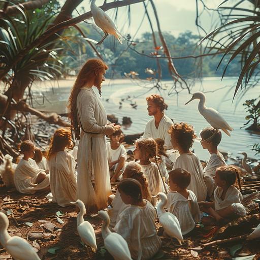 Realistic photography, fantasy world, unusual birds and animals, red-haired druids in white robes, a man and a woman, in a tropical swamp forest teaching a dozen children of different ages to recognize different types of dendrobium orchids, the beach and the ocean are visible behind the trees --s 250 --v 6.0 --style raw