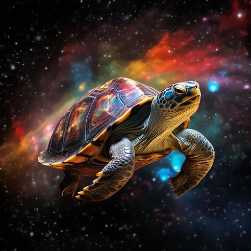 a disk-shaped planet is carried on its shell by a huge galactic turtle terrapin in the starry ocean of the Universe, shutter speed 1/200 sec, ISO 100, shot on a Canon EOS R with a 50mm f/1.8 lens, f/2.2 aperture, sci-fi film, colorful explosions, subtle color palette, realistic chiaroscuro,