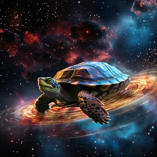 a disk-shaped planet is carried on its shell by a huge galactic turtle terrapin in the starry ocean of the Universe, shutter speed 1/200 sec, ISO 100, shot on a Canon EOS R with a 50mm f/1.8 lens, f/2.2 aperture, sci-fi film, colorful explosions, subtle color palette, realistic chiaroscuro,