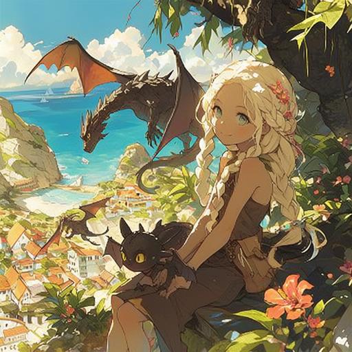 anime series about a young 15-year-old Daenerys Targaryen, who flew with her three dragons to a lush tropical island and raises them there in joy and fun games, cute images, funny little dragons, big eyes, --niji 6 --s 250 --style raw