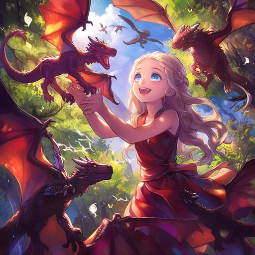 anime series about a young 15-year-old Daenerys Targaryen, who flew with her three dragons to a lush tropical island and raises them there in joy and fun games, cute images, funny little dragons, big eyes, --niji 6 --s 250 --style raw