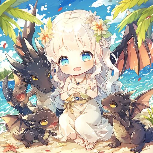 anime series about a young 15-year-old Daenerys Targaryen, who flew with her three dragons to a lush tropical island and raises them there in joy and fun games, cute images, funny little dragons, big eyes, --niji 6 --s 250 --style raw