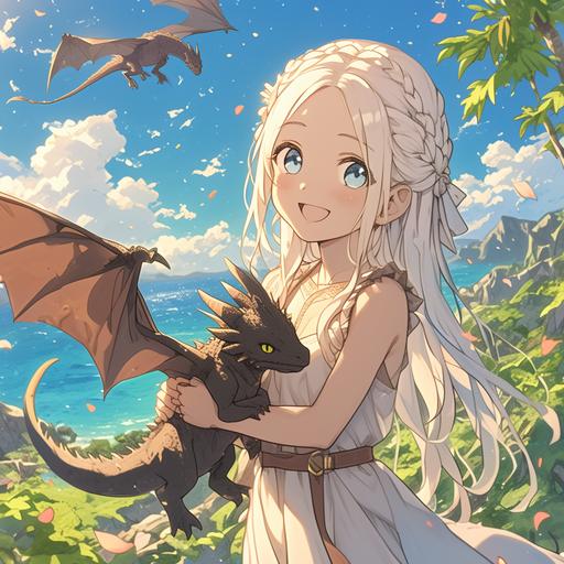 anime series about a young 15-year-old Daenerys Targaryen, who flew with her three dragons to a lush tropical island and raises them there in joy and fun games, cute images, funny little dragons, big eyes, --niji 6 --s 250 --style raw