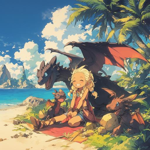 anime series about a young 15-year-old Daenerys Targaryen, who flew with her three dragons to a lush tropical island and raises them there in joy and fun games, cute images, funny little dragons, big eyes, --niji 6 --s 250 --style raw