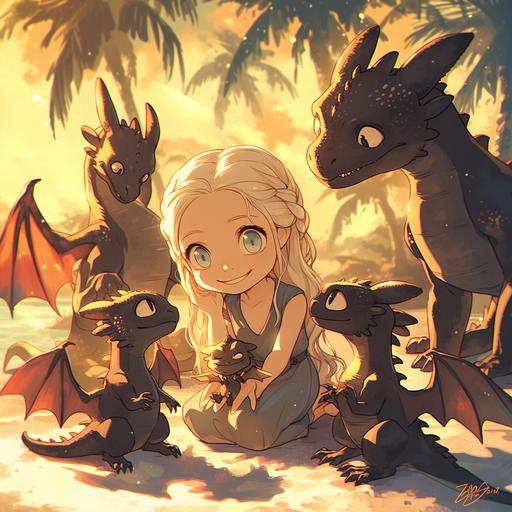 anime series about a young 15-year-old Daenerys Targaryen, who flew with her three dragons to a lush tropical island and raises them there in joy and fun games, cute images, funny little dragons, big eyes, --niji 6 --s 250 --style raw