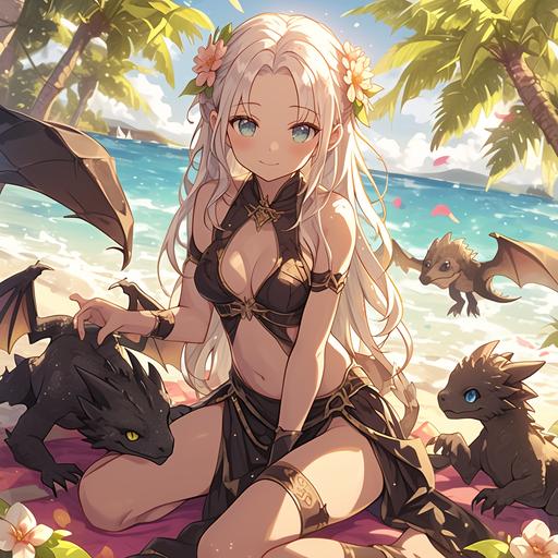 anime series about a young 15-year-old Daenerys Targaryen, who flew with her three dragons to a lush tropical island and raises them there in joy and fun games, cute images, funny little dragons, big eyes, --niji 6 --s 250 --style raw