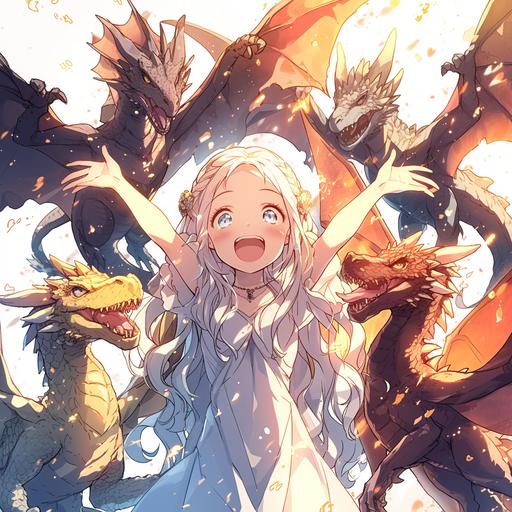 anime series about a young 15-year-old Daenerys Targaryen, who flew with her three dragons to a lush tropical island and raises them there in joy and fun games, cute images, funny little dragons, big eyes, --niji 6 --s 250 --style raw