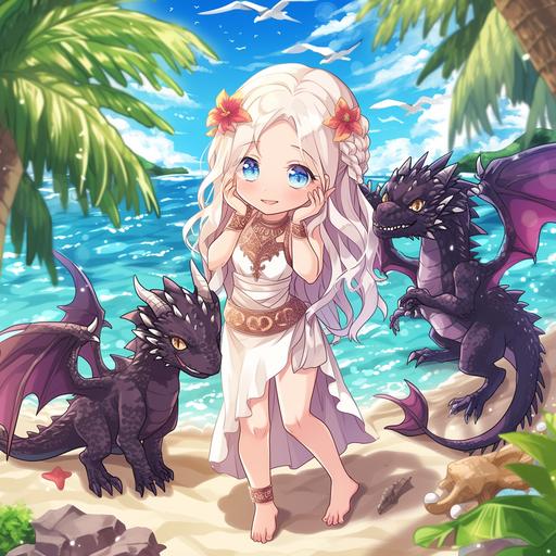 anime series about a young 15-year-old Daenerys Targaryen, who flew with her three dragons to a lush tropical island and raises them there in joy and fun games, cute images, funny little dragons, big eyes, --niji 6 --s 250 --style raw