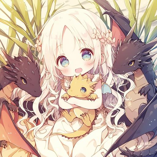 anime series about a young 15-year-old Daenerys Targaryen, who flew with her three dragons to a lush tropical island and raises them there in joy and fun games, cute images, funny little dragons, big eyes, --niji 6 --s 250 --style raw