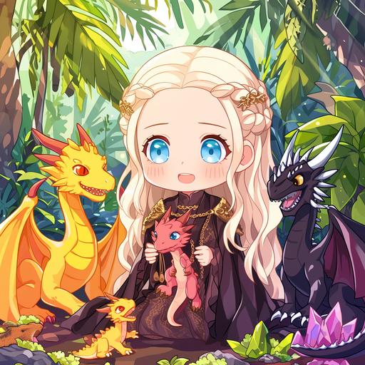 anime series about a young 15-year-old Daenerys Targaryen, who flew with her three dragons to a lush tropical island and raises them there in joy and fun games, cute images, funny little dragons, big eyes, --niji 6 --s 250 --style raw