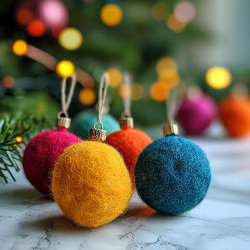 needle felted bright neon colors Christmas balls ornaments on the white table near Christmas tree --s 250 --v 6.0