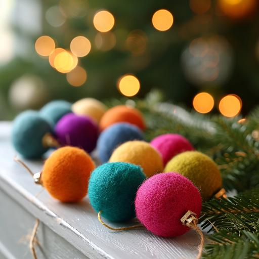 needle felted bright neon colors Christmas balls ornaments on the white table near Christmas tree --s 250 --v 6.0