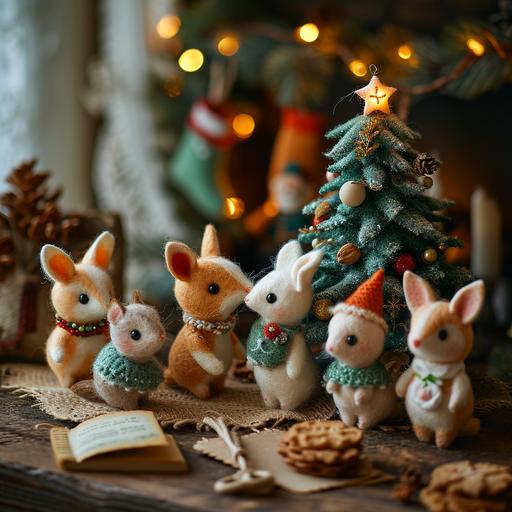 needle felted toy animals stand on each other's shoulders to put a star on a New Year tree, cute, gifts, a book on the sofa, milk and cookies on the table, a fireplace, stockings for gifts, the edge of the tree with decorations --s 250 --v 6.0