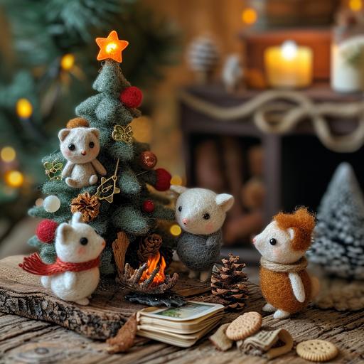 needle felted toy animals stand on each other's shoulders to put a star on a New Year tree, cute, gifts, a book on the sofa, milk and cookies on the table, a fireplace, stockings for gifts, the edge of the tree with decorations --s 250 --v 6.0