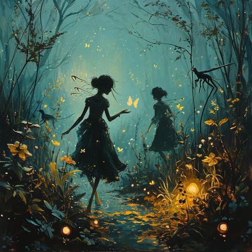 tiny will-o'-the-wisp girls with moth wings glowing in the dark dance enticingly over a narrow path through a treacherous swamp, overgrown with lush reeds, yellow irises, pink wild rosemary and white flowering meadowsweet; black silhouettes of creepy monsters and their eyes can be seen behind the plant stems --s 250 --v 6.0