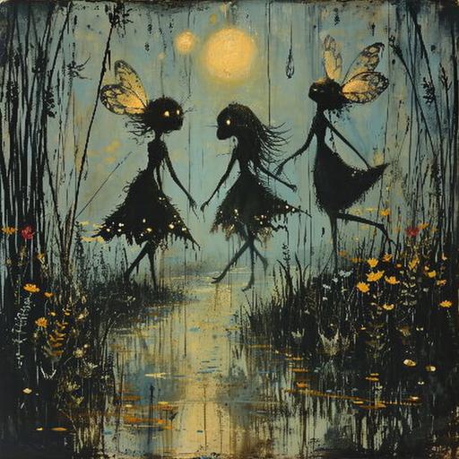 tiny will-o'-the-wisp girls with moth wings glowing in the dark dance enticingly over a narrow path through a treacherous swamp, overgrown with lush reeds, yellow irises, pink wild rosemary and white flowering meadowsweet; black silhouettes of creepy monsters and their eyes can be seen behind the plant stems --s 250 --v 6.0