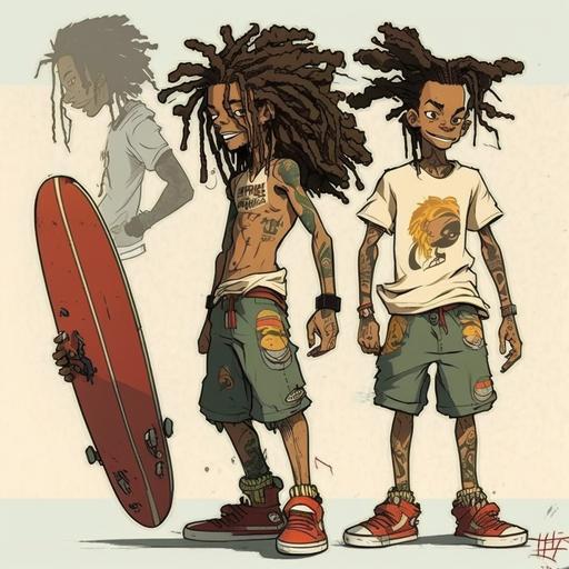 boondocks cartoon style, disney style, character design, concept art, full body, young, black male, dreadlocks, tattoos, skateboarder, red eyes, grinning