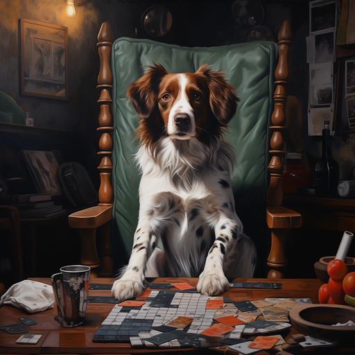 border collie mixed with Brittany spaniel dog, sitting on a chair, watching his parents playing board games