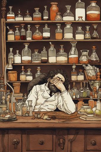 bored man with beakers, asleep, apothecary, pharmacist, vintage, cartoon, classic, simple --ar 2:3
