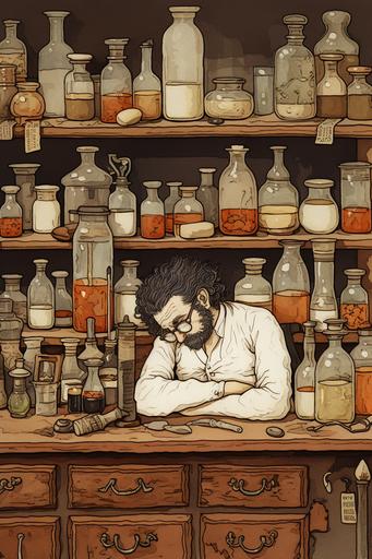 bored man with beakers, asleep, apothecary, pharmacist, vintage, cartoon, classic, simple --ar 2:3