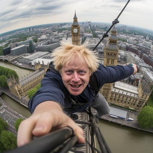 boris johnson aerial dynamic climbing high up on top of big ben westminster london hyperreal 8k sharp focus selfie stick style photo