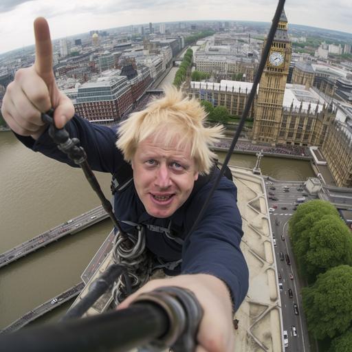 boris johnson aerial dynamic climbing high up on top of big ben westminster london hyperreal 8k sharp focus selfie stick style photo