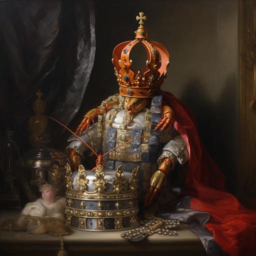 a lobster wearing royal crown jewels sitting on a throne in the style of Pieter Claesz still life oil painting