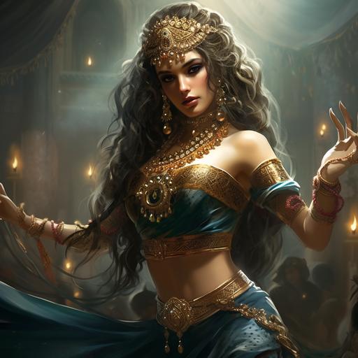 bellydancer adorned with gems, golden bracelets snailed up her arms and ankles, dancing furiously