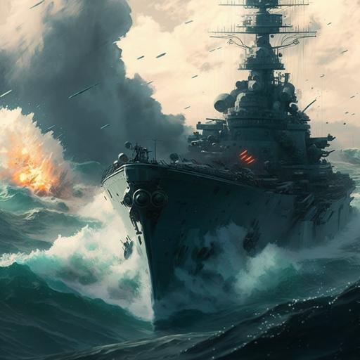 a little battleship (WWII style) very big armed and with very powerful main cannos fighting other ships and airplanes in an epic battle