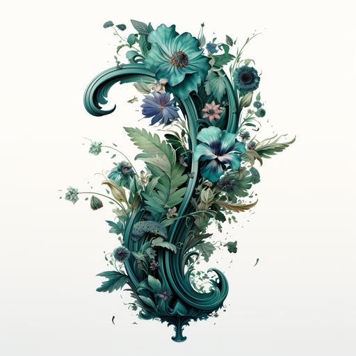 botanical alphabet letter image of an old floral letter f, in the style of colorful fantasy, rococo ornate decoration, hyper-realistic details, light indigo and dark emerald, liquid emulsion printing, graffiti-like lettering, polish folklore motifs