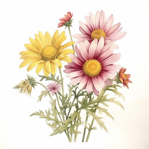 botanical illustration of pink, white, yellow daisy, white background