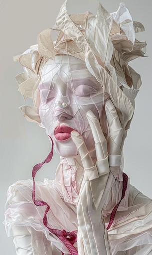 both striking and whimsical origami art made of the folded thin semi-sheer ornate with pearls pale lilac organza and a satin red ribbon sculpture by michael raenke, in the style of serene faces, human sculptures, realistic sculptures, a woman with a crooked long nose and high hairstyle, touching her face with her hand, white background --ar 3:5 --v 6.0 --style raw --s 50